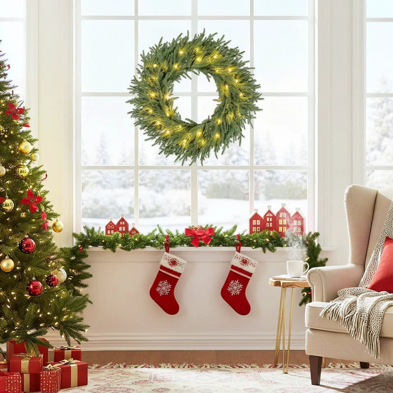 24 Inch Pre-lit Christmas Wreath with 108 Branch Tips and 35 Warm White LED Lights for Wall Window by DirectDeals