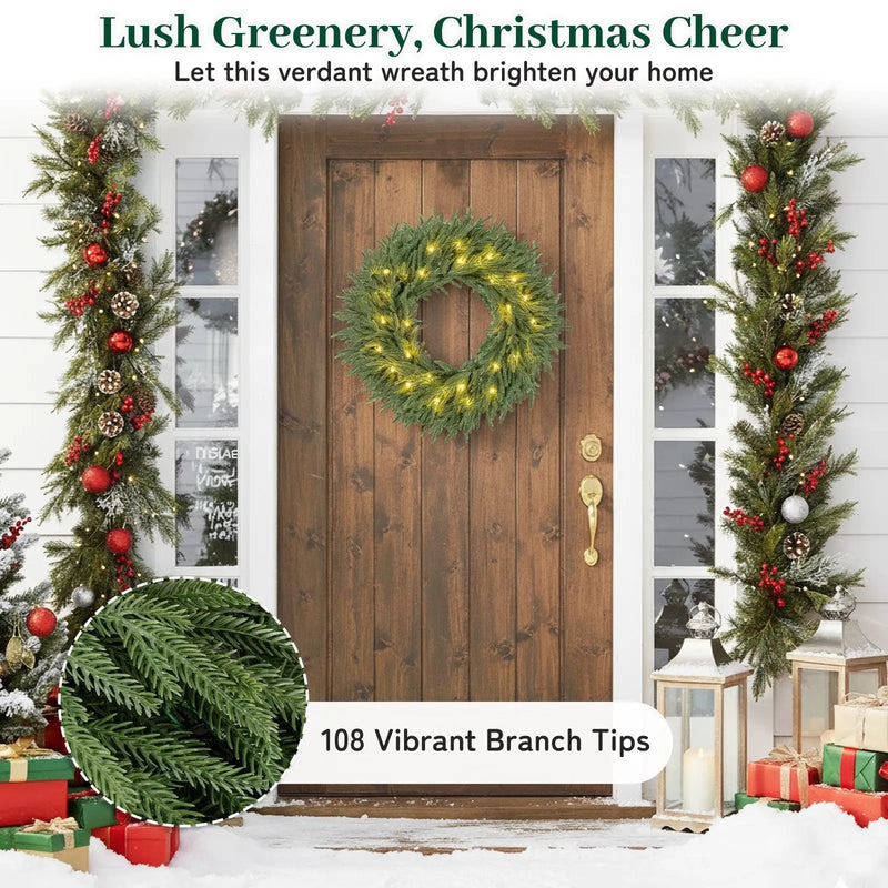 24 Inch Pre-lit Christmas Wreath with 108 Branch Tips and 35 Warm White LED Lights for Wall Window by DirectDeals