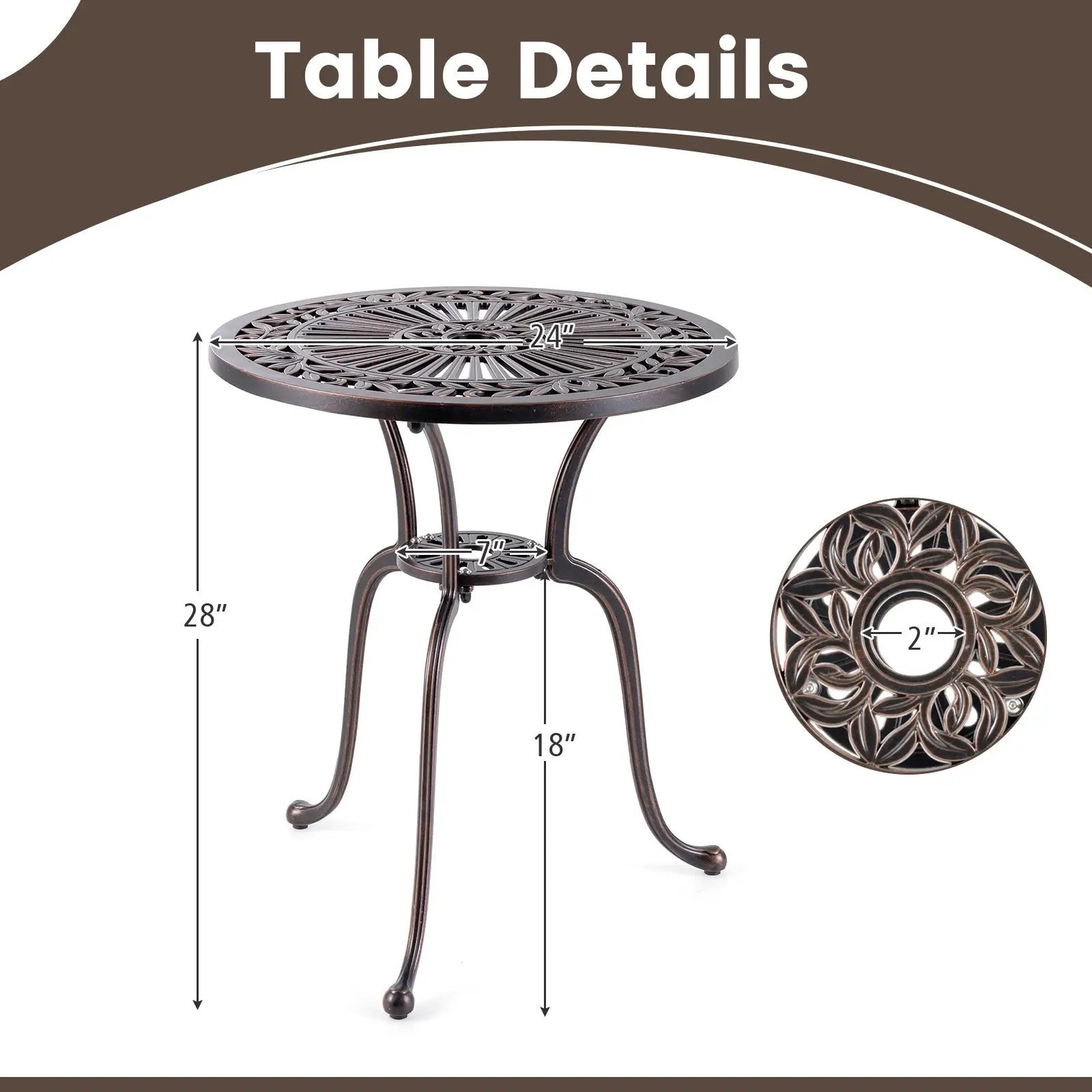 24 Inch Round Cast Aluminum Table Patio Dining Bistro Table with 2 Inch Umbrella Hole-Copper by DirectDeals
