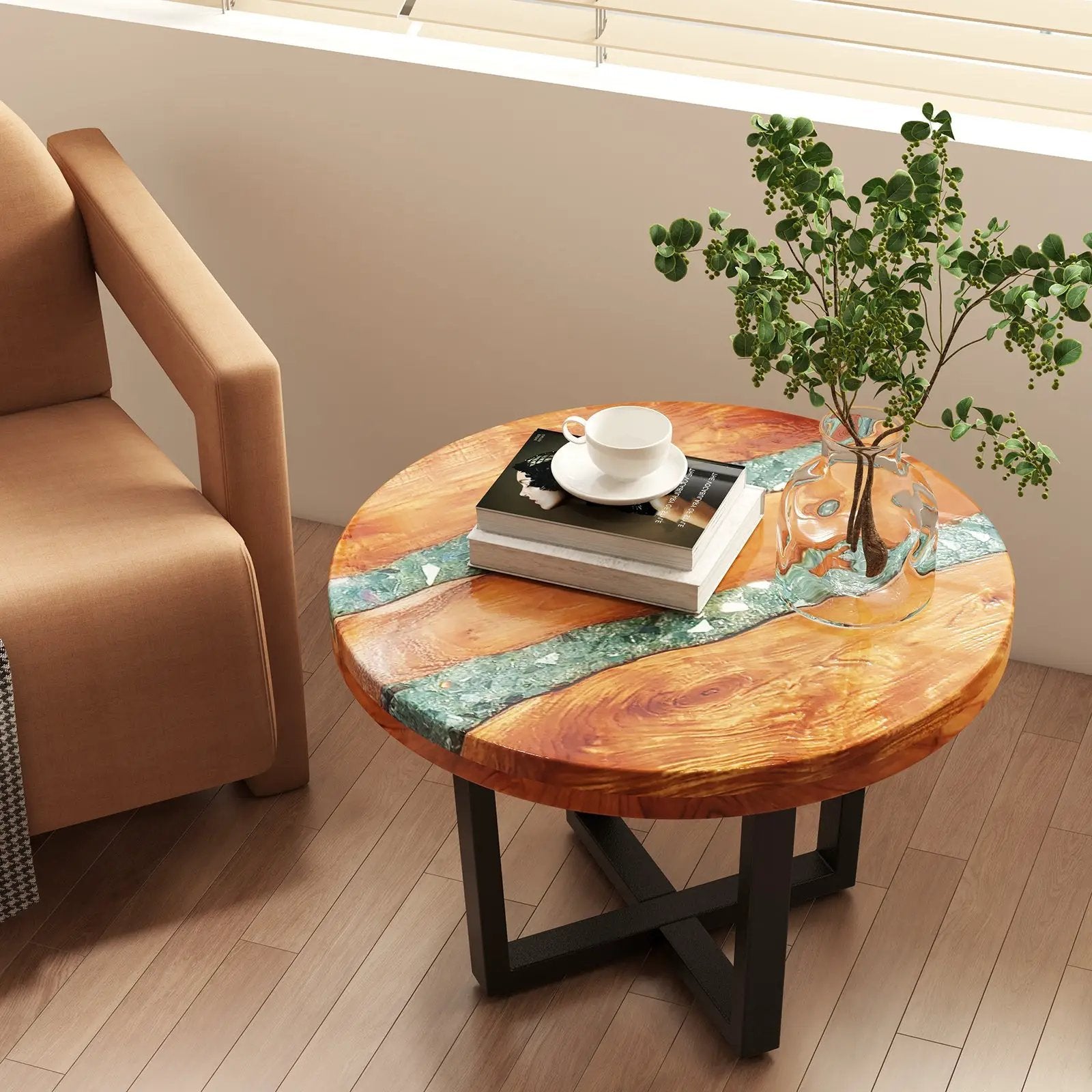 24 Inch Outdoor Solid Live Edge Round Teak Wood End Table with Epoxy Resin Tabletop by DirectDeals