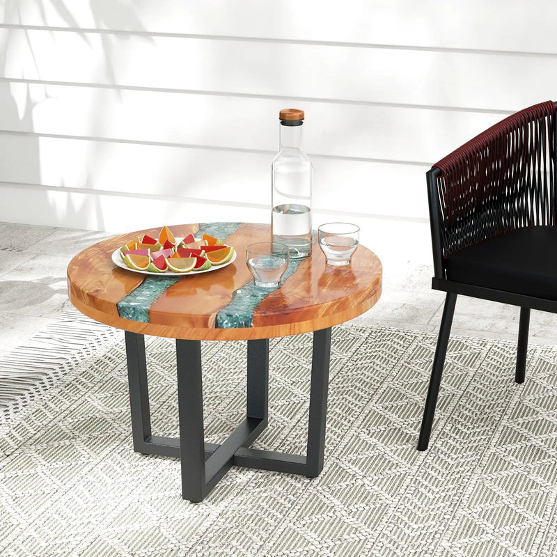 24 Inch Outdoor Solid Live Edge Round Teak Wood End Table with Epoxy Resin Tabletop by DirectDeals