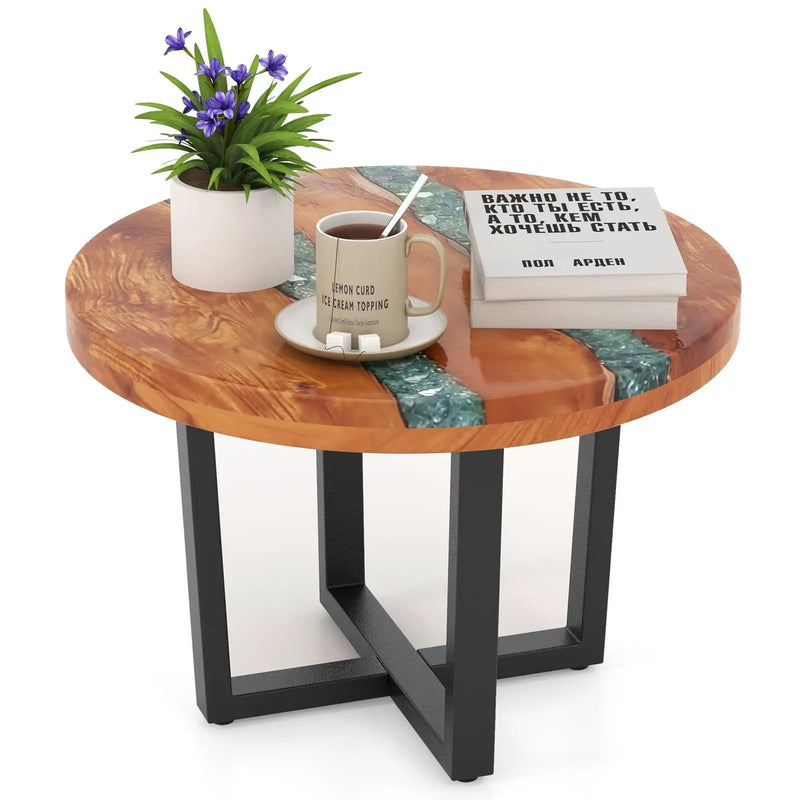 24 Inch Outdoor Solid Live Edge Round Teak Wood End Table with Epoxy Resin Tabletop by DirectDeals