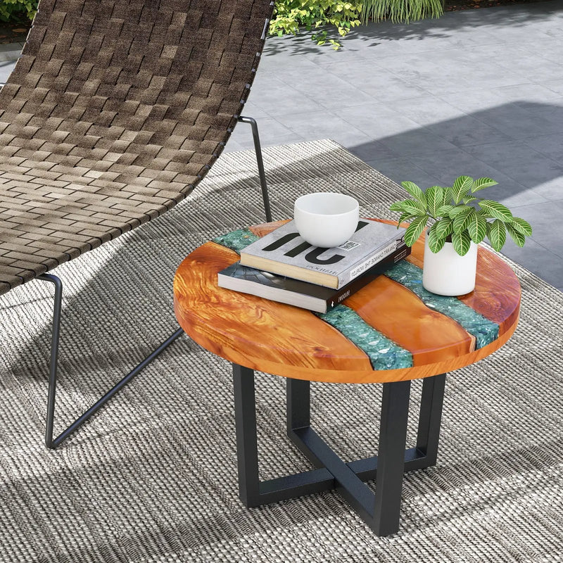 24 Inch Outdoor Solid Live Edge Round Teak Wood End Table with Epoxy Resin Tabletop by DirectDeals