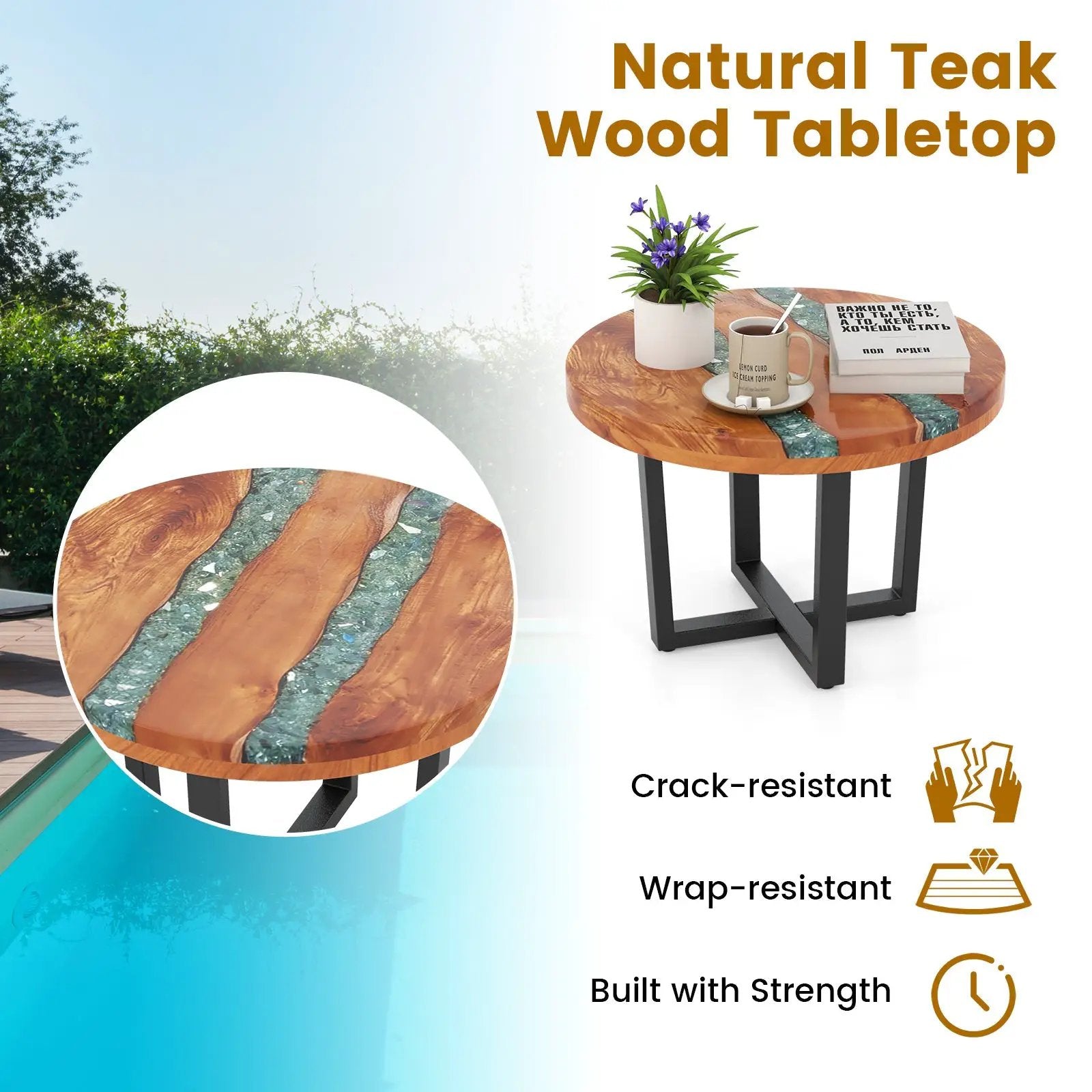 24 Inch Outdoor Solid Live Edge Round Teak Wood End Table with Epoxy Resin Tabletop by DirectDeals
