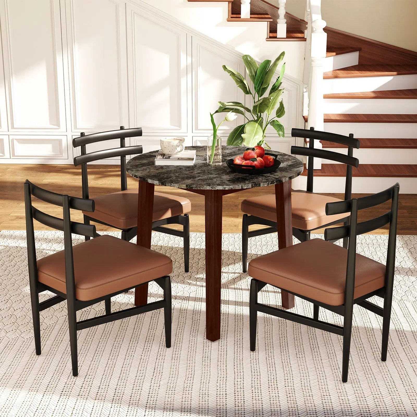 35 Inch Round Dining Table with Rubber Wood Legs and Marble-textured Veneer Tabletop by DirectDeals