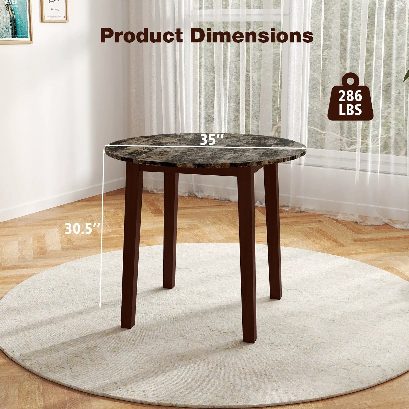 35 Inch Round Dining Table with Rubber Wood Legs and Marble-textured Veneer Tabletop by DirectDeals