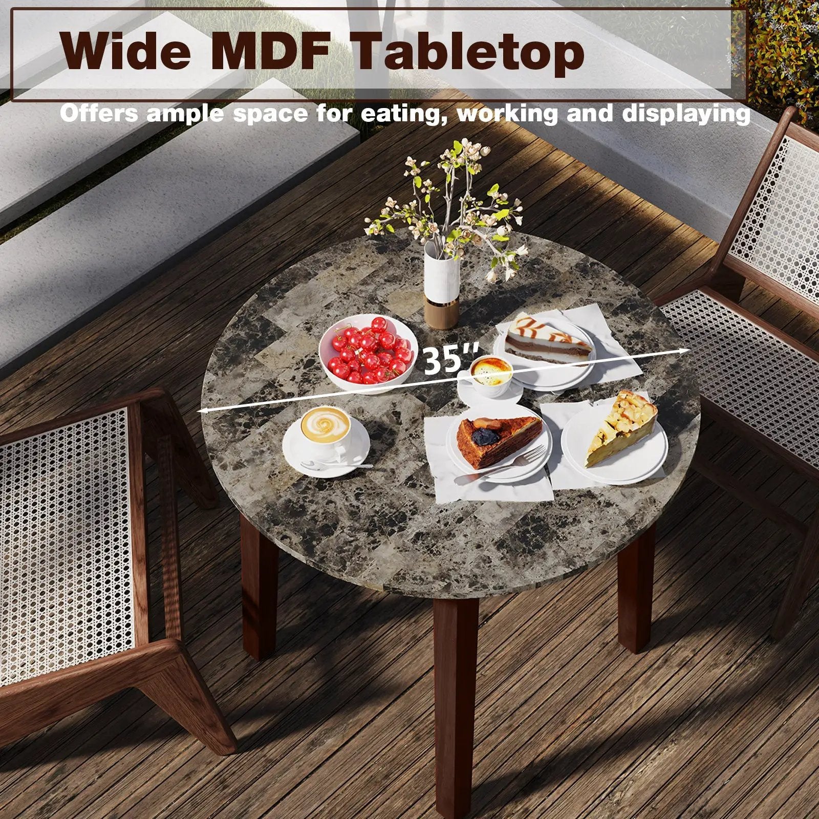 35 Inch Round Dining Table with Rubber Wood Legs and Marble-textured Veneer Tabletop by DirectDeals