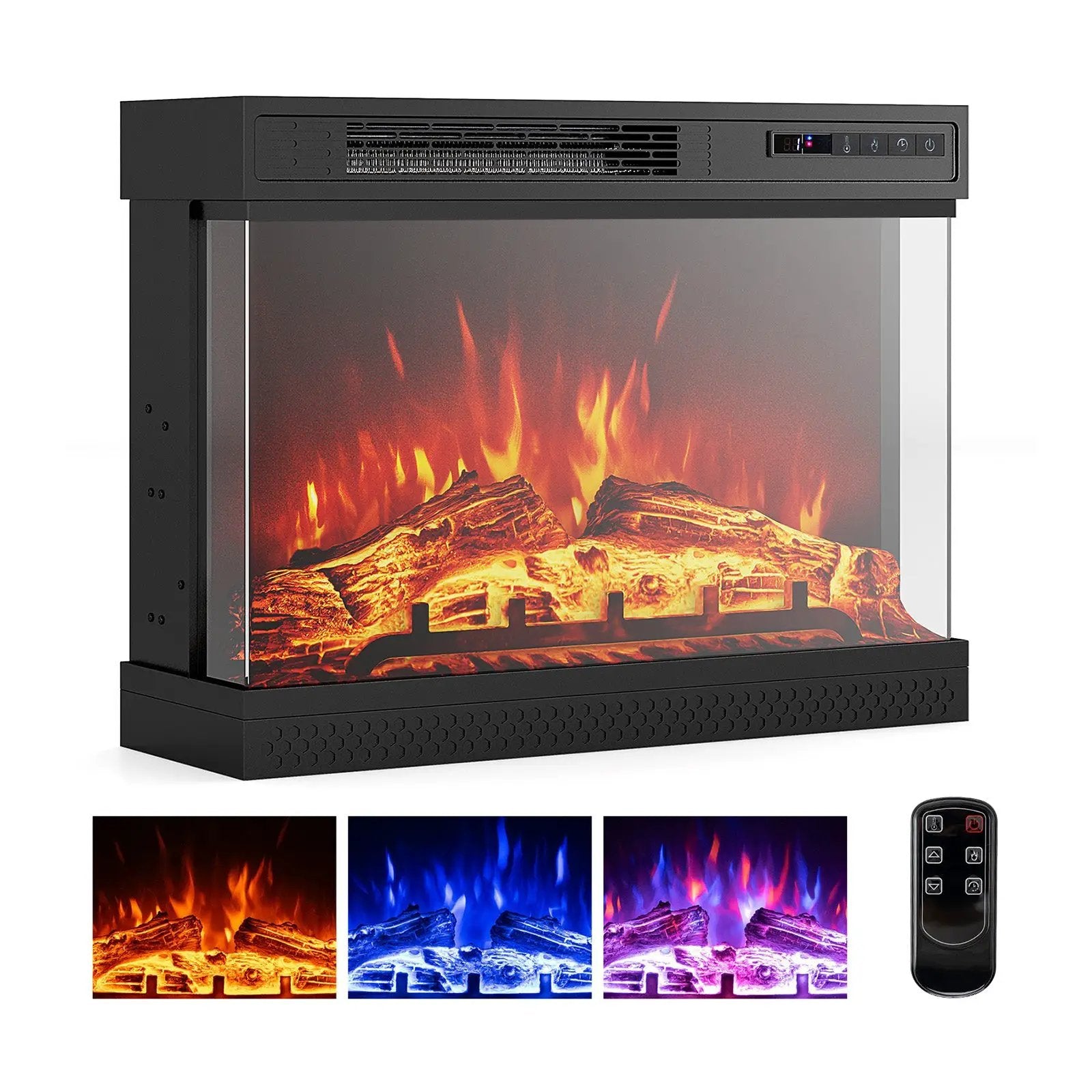 24 Inches 3-Sided Glass Electric Fireplace Heater with Remote Control by DirectDeals