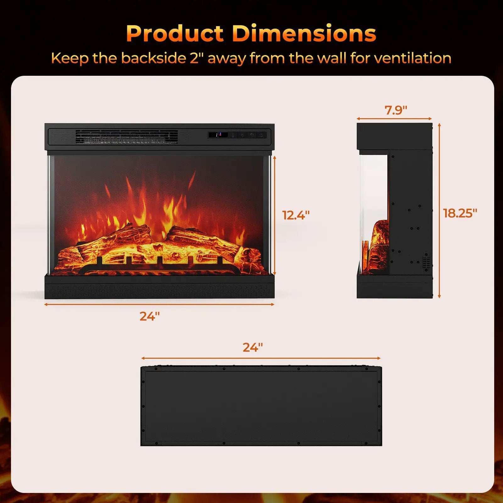24 Inches 3-Sided Glass Electric Fireplace Heater with Remote Control by DirectDeals