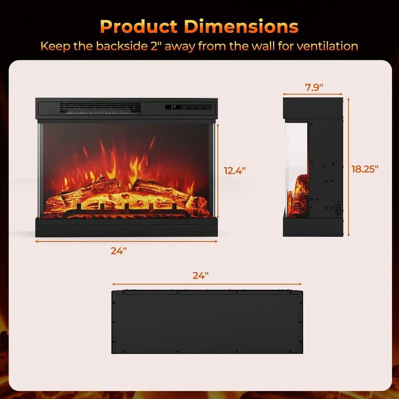 24 Inches 3-Sided Glass Electric Fireplace Heater with Remote Control by DirectDeals