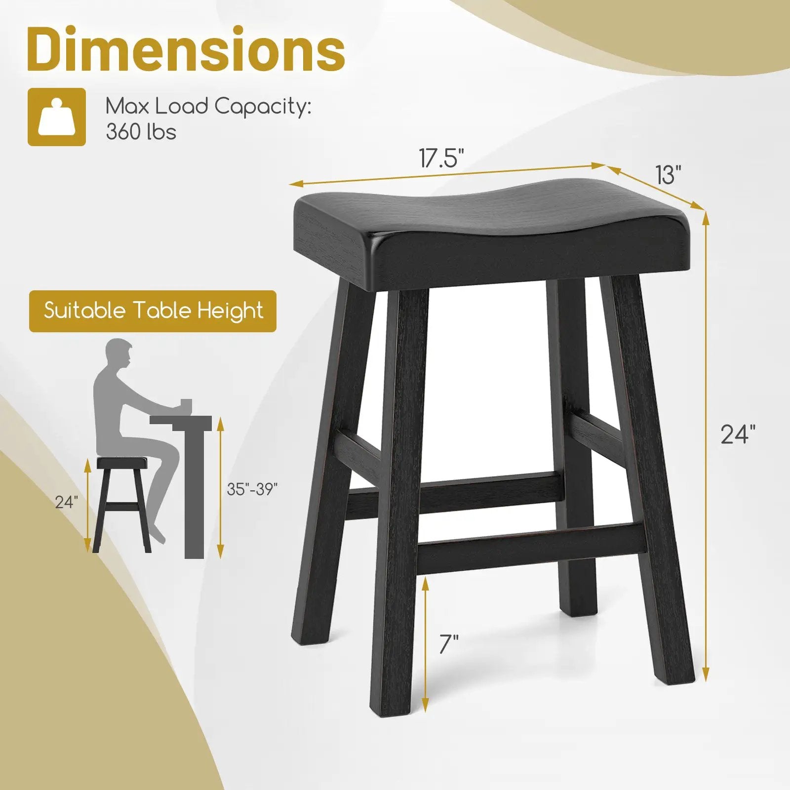 24 Inches Counter Height Stools Set of 2 with Footrest for Restaurant Cafe Pub-Black by DirectDeals