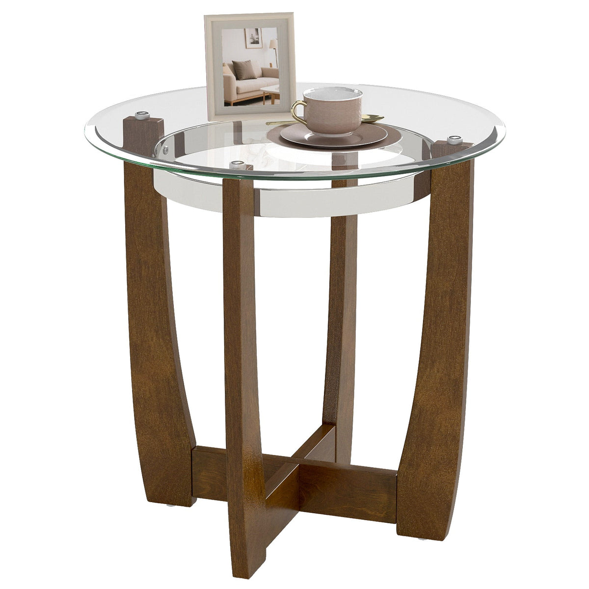 24 Inches Round Side Table with Tempered Glass Top and Solid Rubber Wood Base, photo 11 of 16
