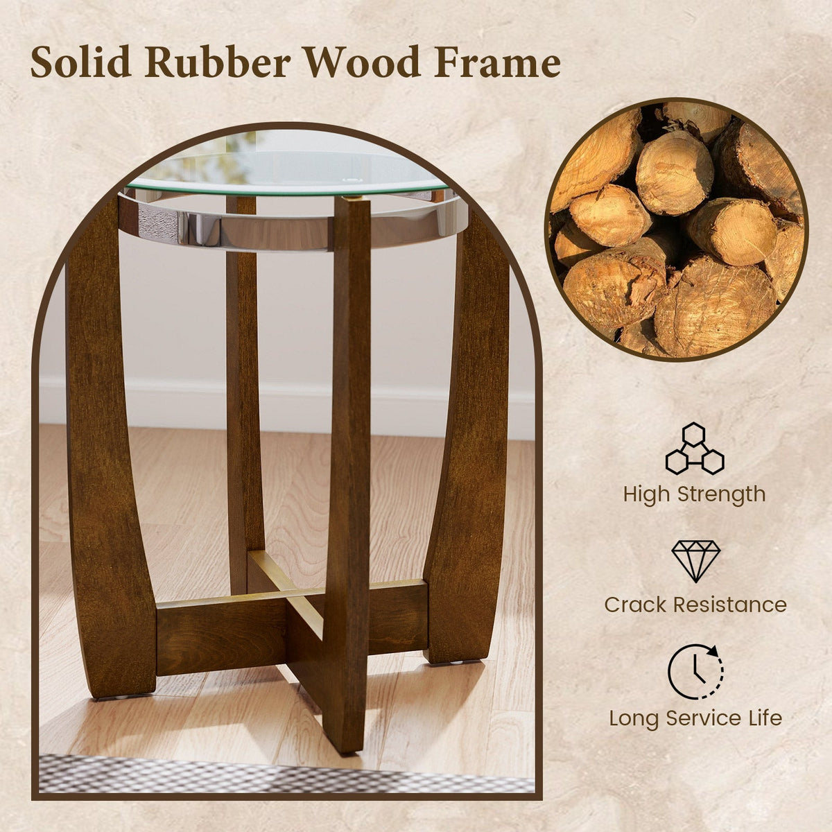 24 Inches Round Side Table with Tempered Glass Top and Solid Rubber Wood Base, photo 7 of 16