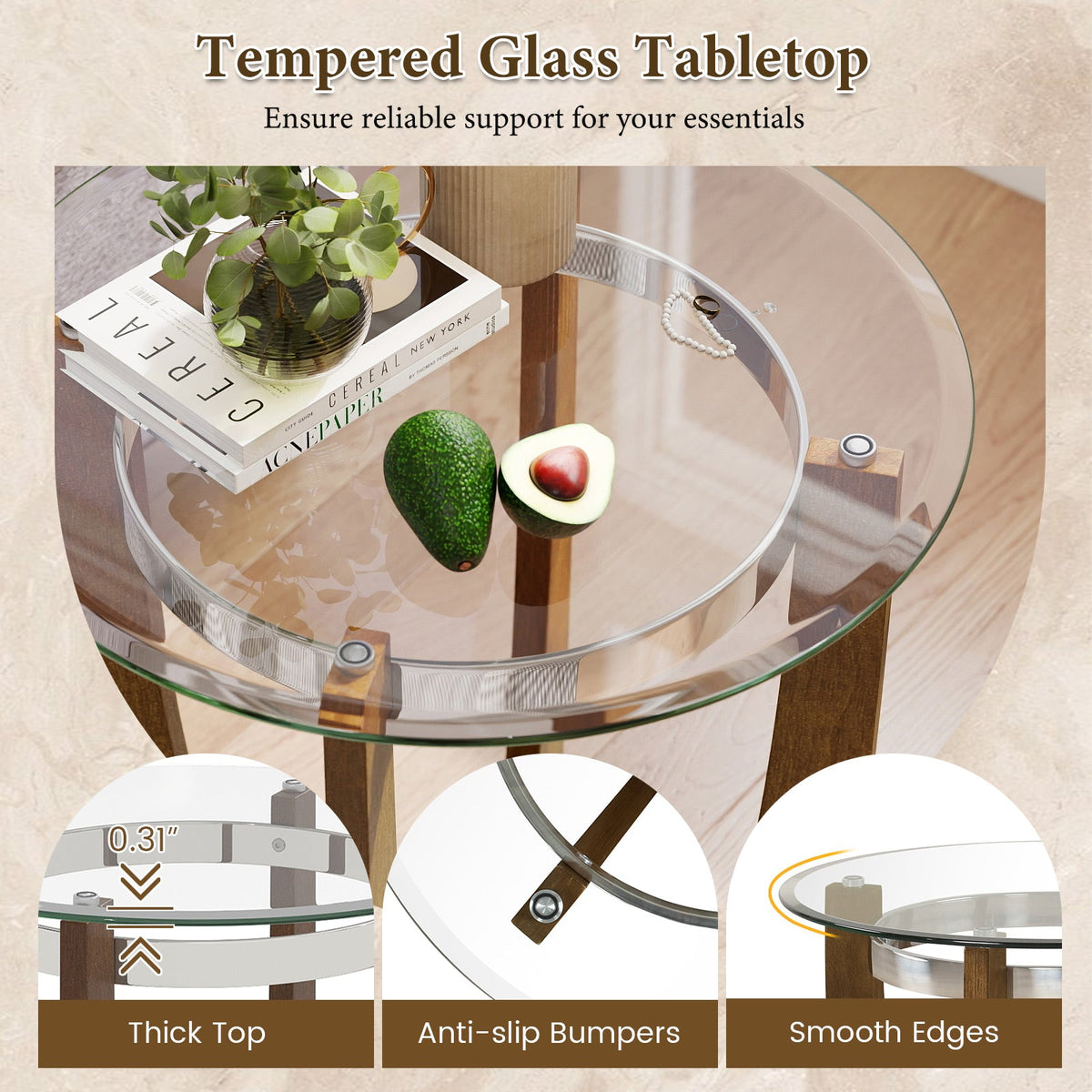 24 Inches Round Side Table with Tempered Glass Top and Solid Rubber Wood Base, photo 5 of 16