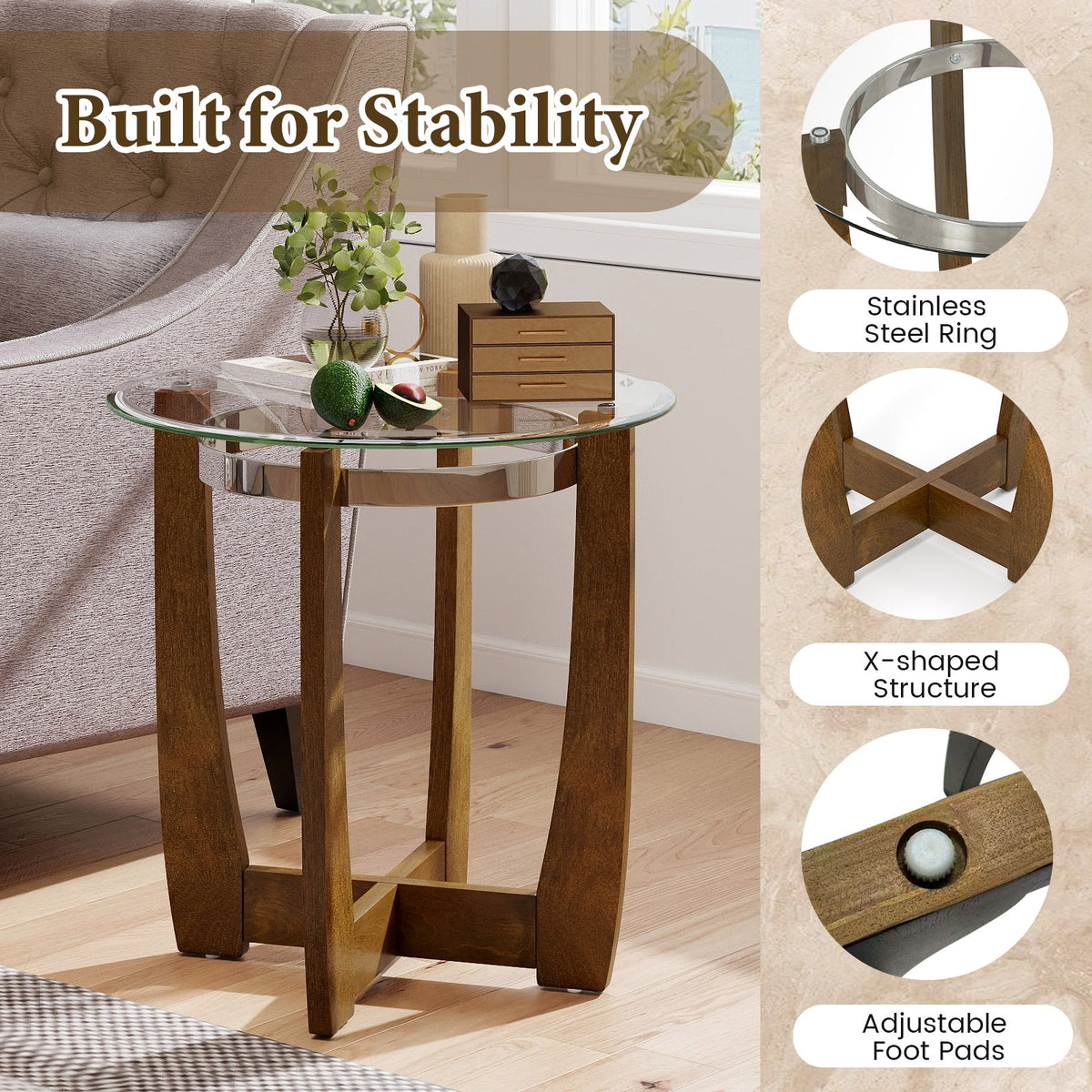 24 Inches Round Side Table with Tempered Glass Top and Solid Rubber Wood Base, photo 3 of 16