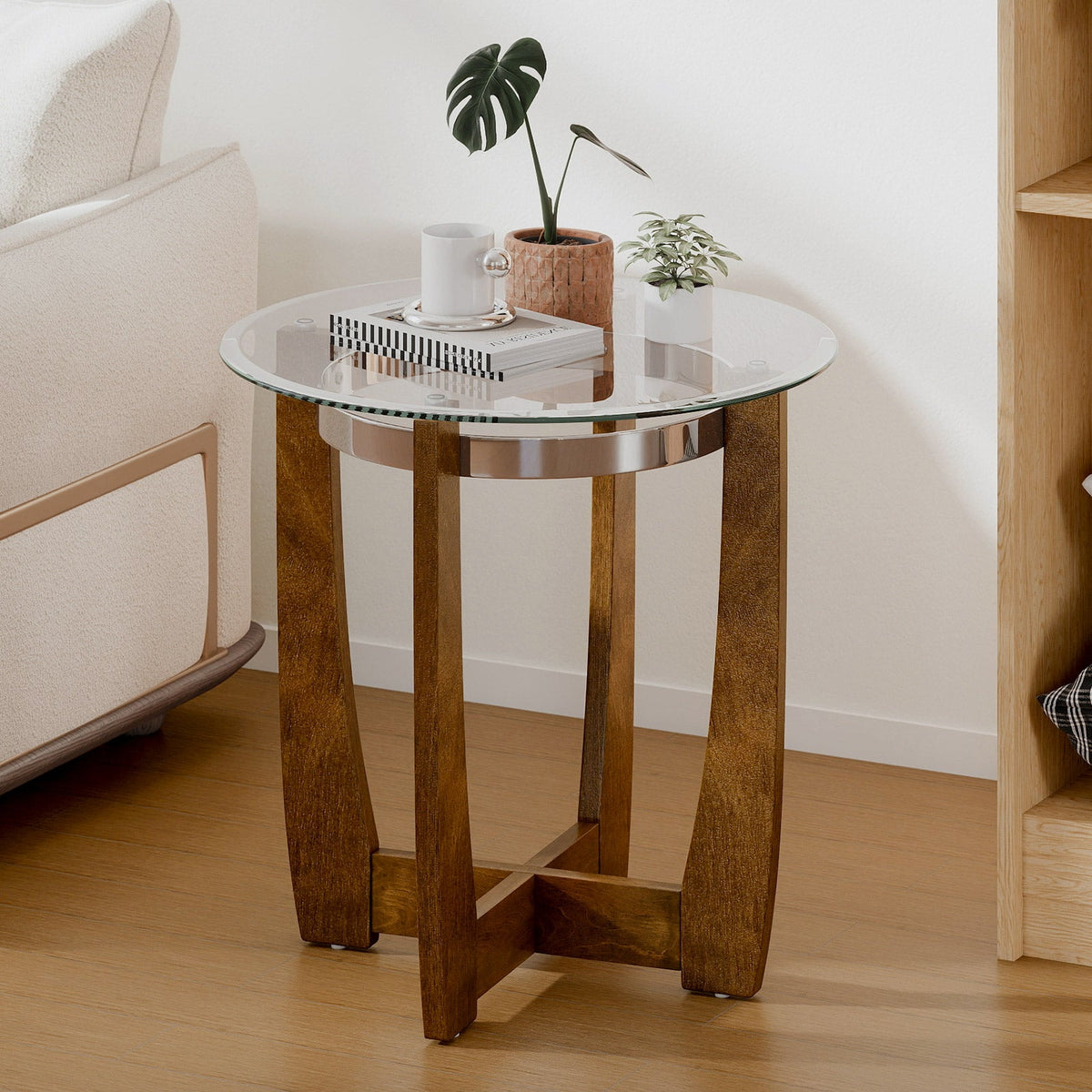 24 Inches Round Side Table with Tempered Glass Top and Solid Rubber Wood Base, photo 15 of 16
