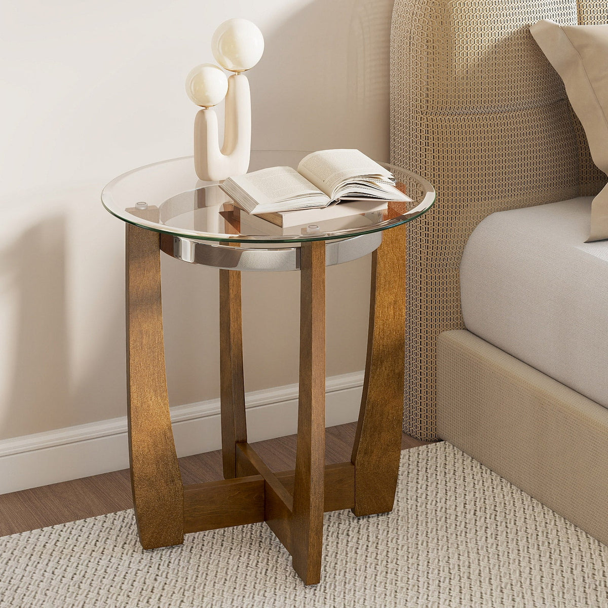 24 Inches Round Side Table with Tempered Glass Top and Solid Rubber Wood Base, photo 13 of 16