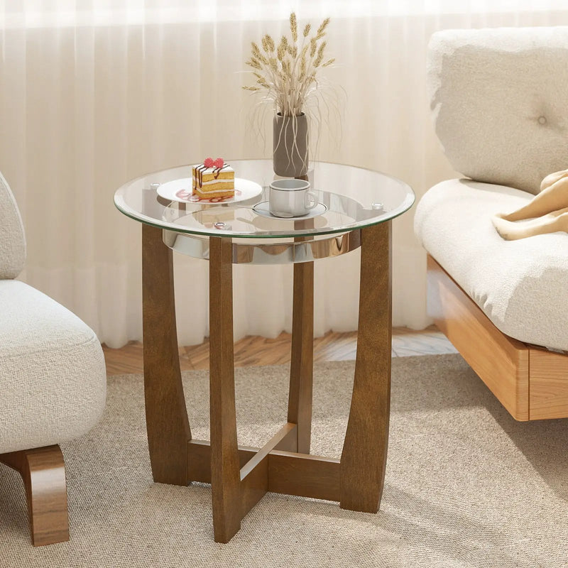 24 Inches Round Side Table with Tempered Glass Top and Solid Rubber Wood Base by DirectDeals