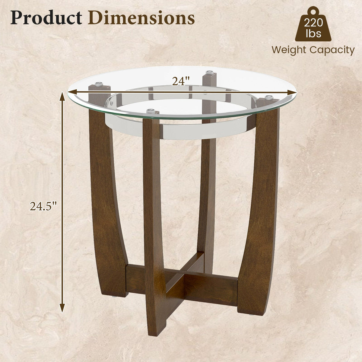 24 Inches Round Side Table with Tempered Glass Top and Solid Rubber Wood Base, photo 9 of 16