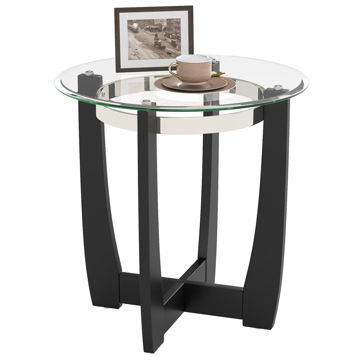 24 Inches Round Side Table with Tempered Glass Top and Solid Rubber Wood Base, photo 12 of 16