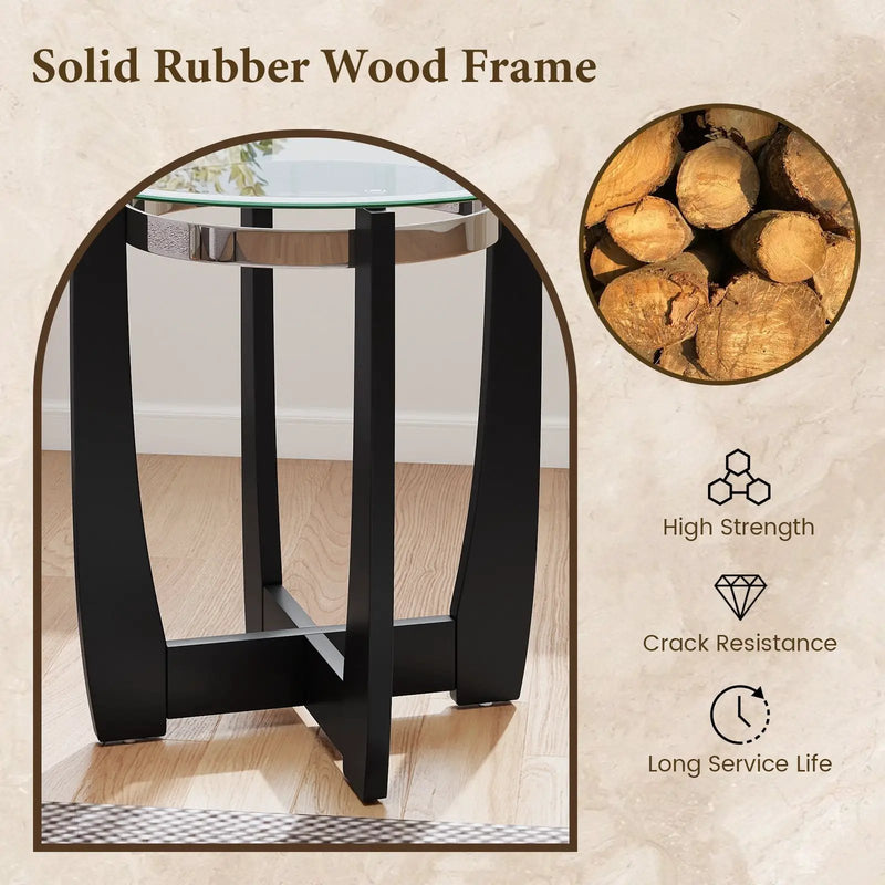 24 Inches Round Side Table with Tempered Glass Top and Solid Rubber Wood Base by DirectDeals