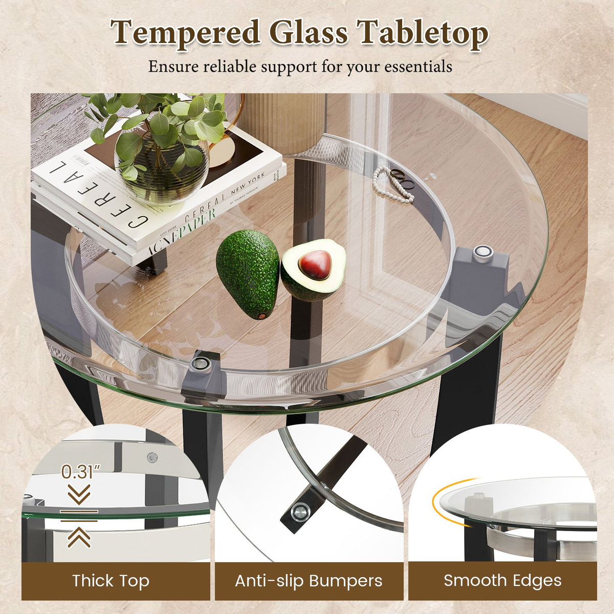 24 Inches Round Side Table with Tempered Glass Top and Solid Rubber Wood Base, photo 6 of 16