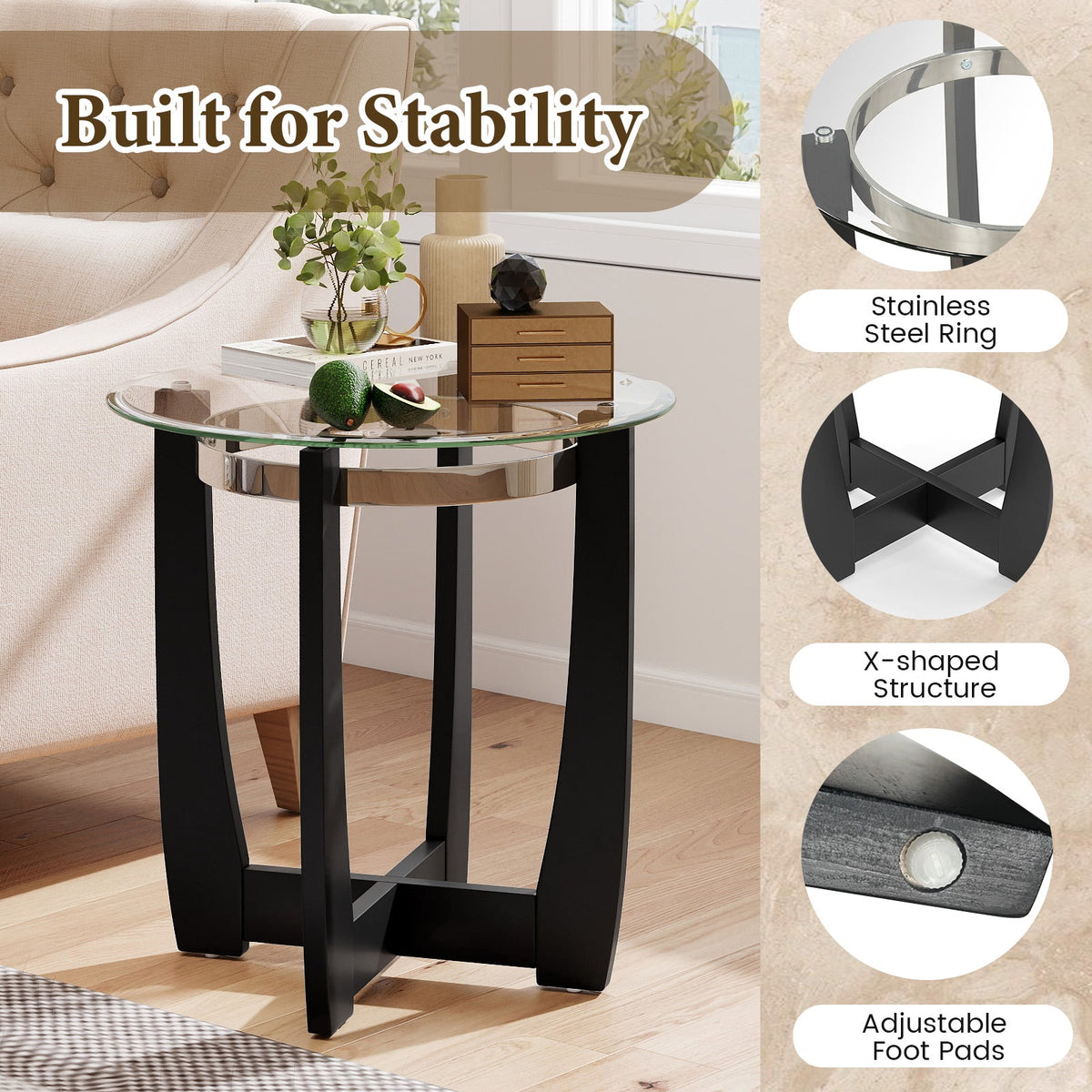 24 Inches Round Side Table with Tempered Glass Top and Solid Rubber Wood Base, photo 4 of 16
