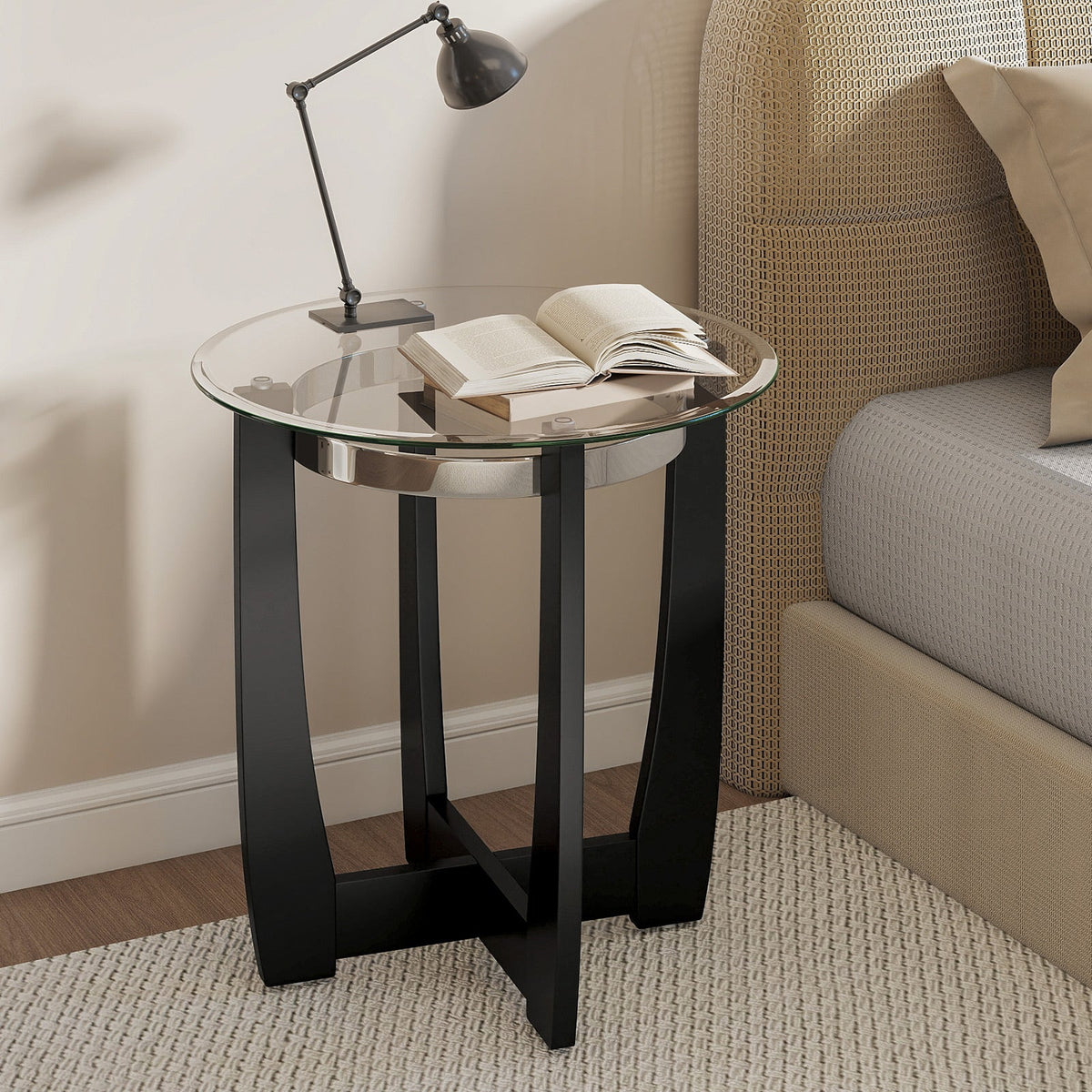24 Inches Round Side Table with Tempered Glass Top and Solid Rubber Wood Base, photo 14 of 16