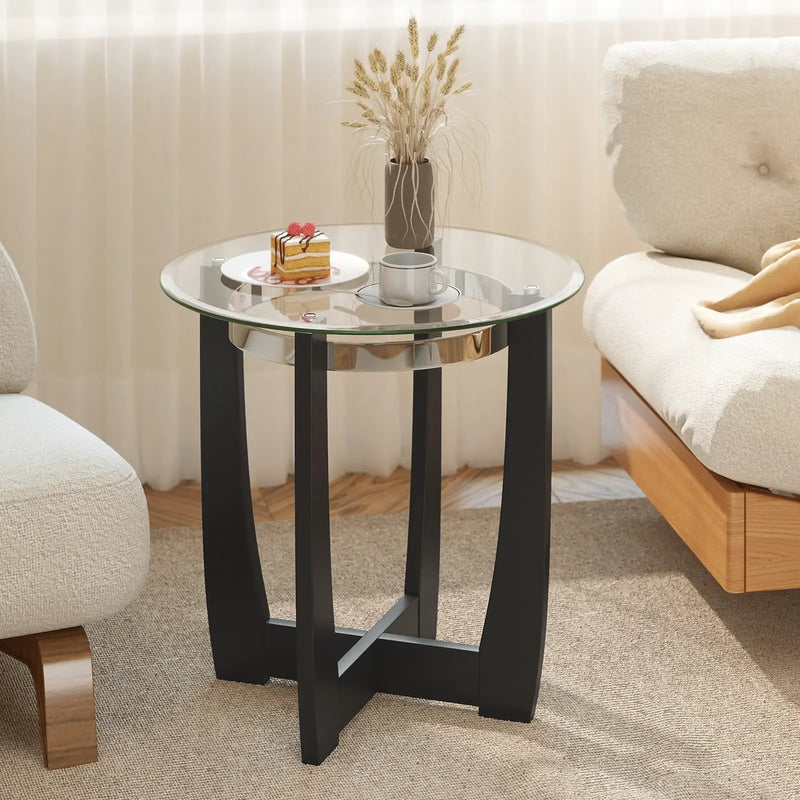 24 Inches Round Side Table with Tempered Glass Top and Solid Rubber Wood Base by DirectDeals