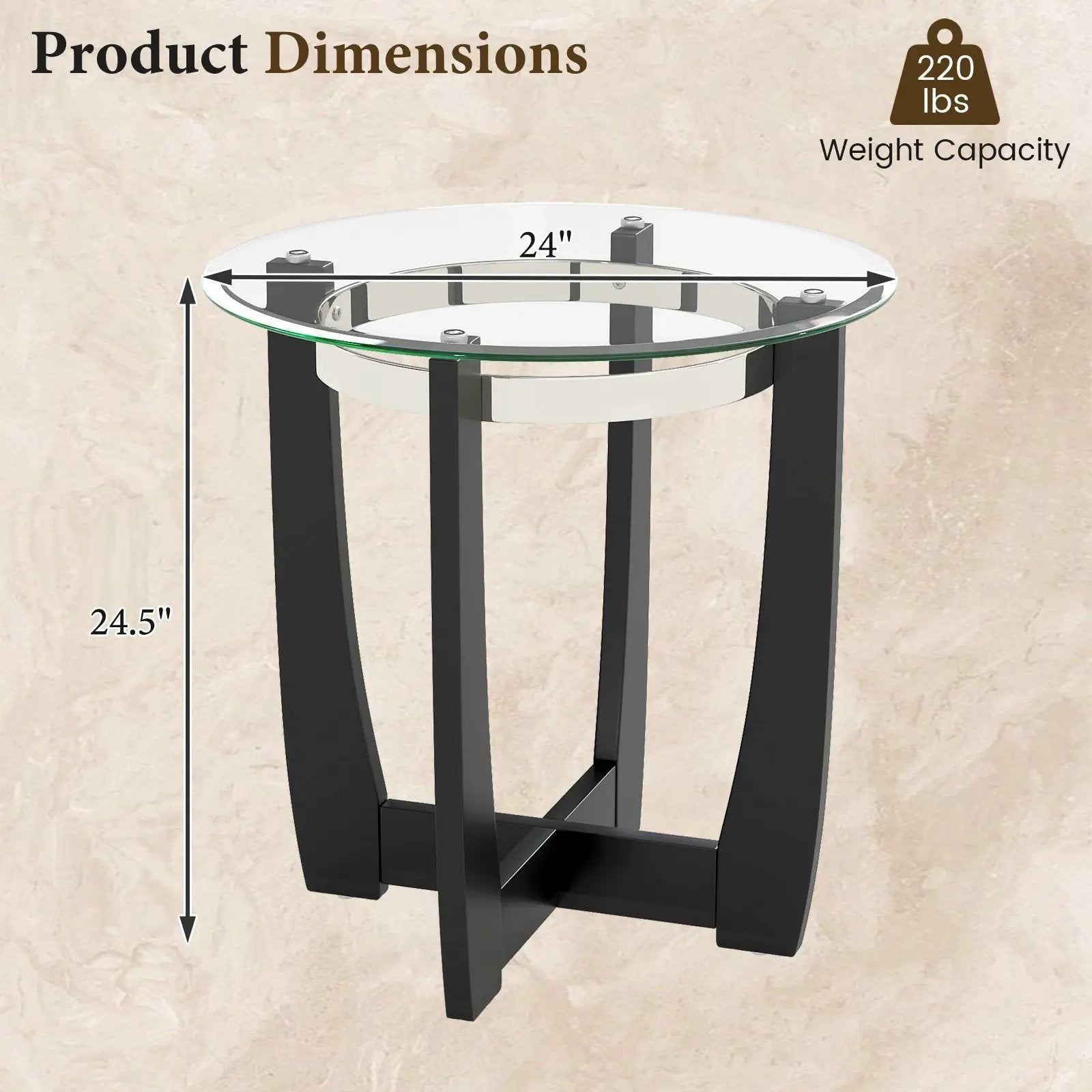 24 Inches Round Side Table with Tempered Glass Top and Solid Rubber Wood Base by DirectDeals