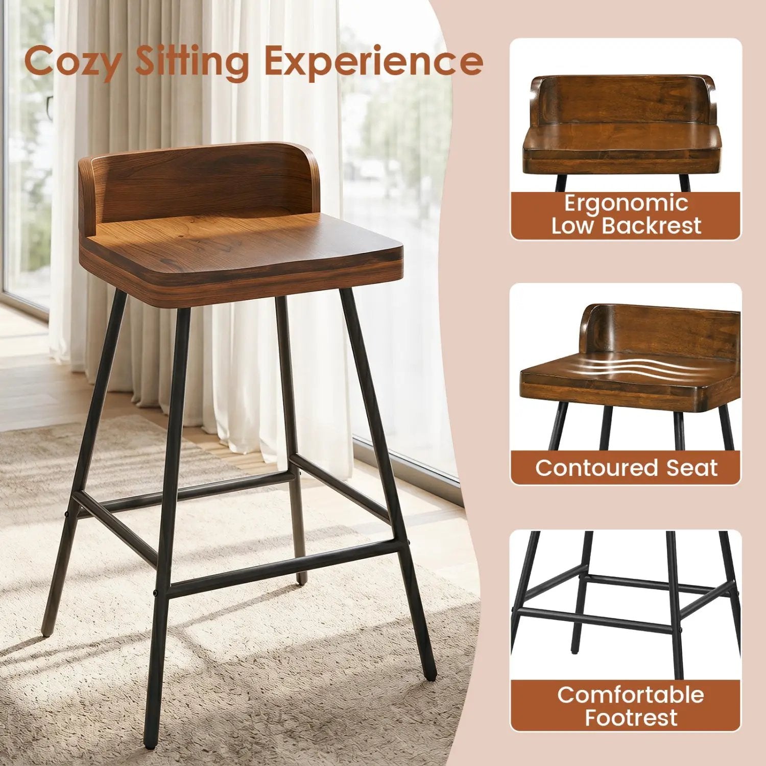24" Bar Stool with Low Back and Footrest - Walnut by DirectDeals