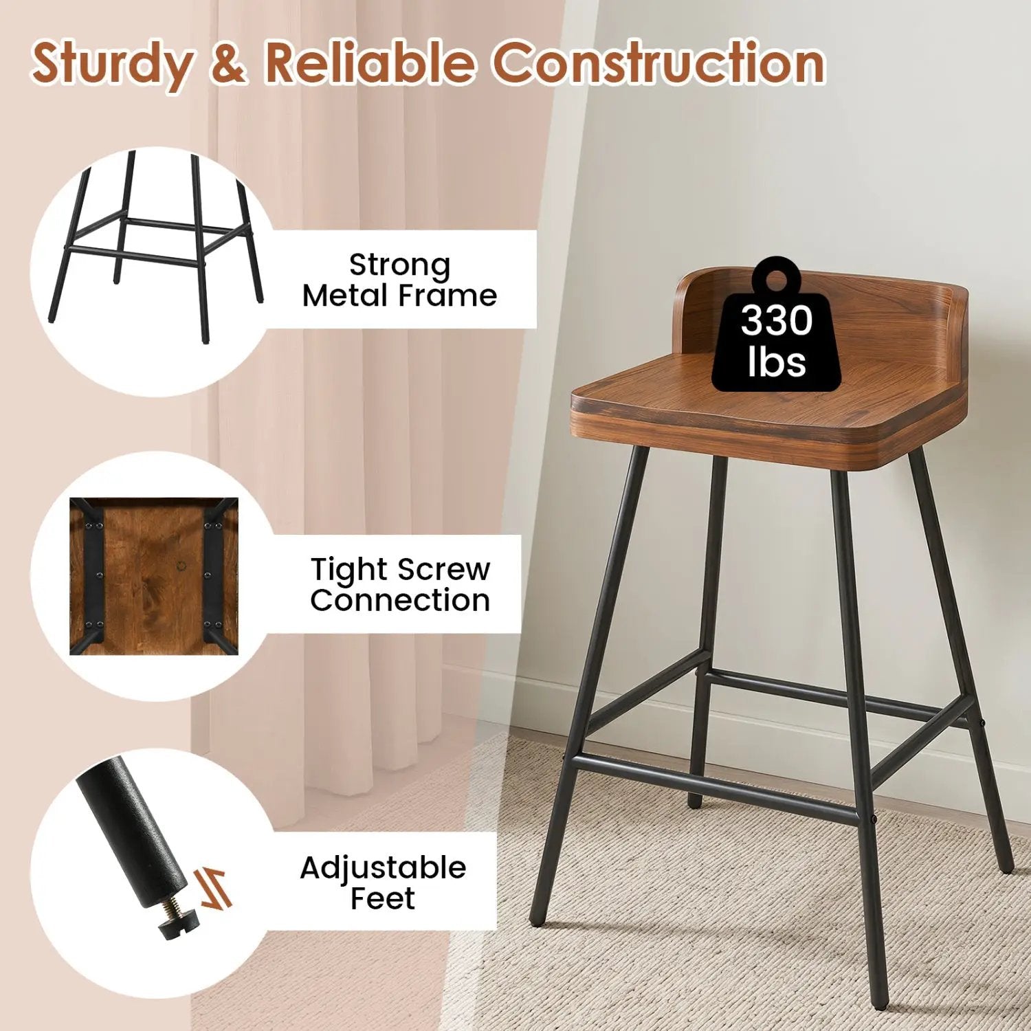 24" Bar Stool with Low Back and Footrest - Walnut by DirectDeals
