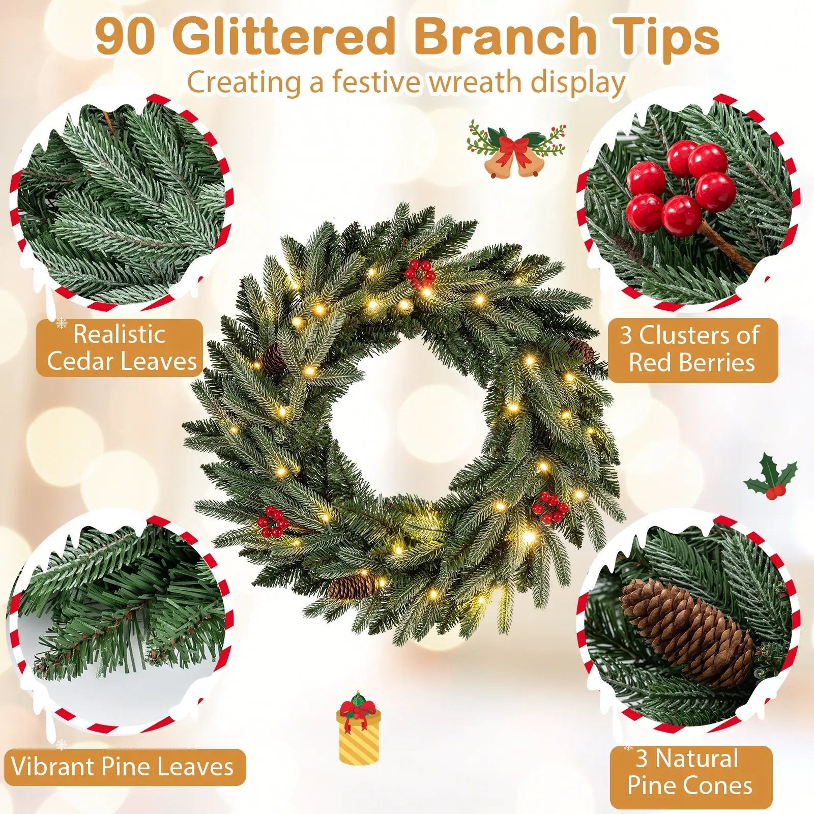 24‚Äù Pre-lit Christmas Wreath Front Door Artificial Xmas Wreath with 90 Frosted Branch Tips by DirectDeals