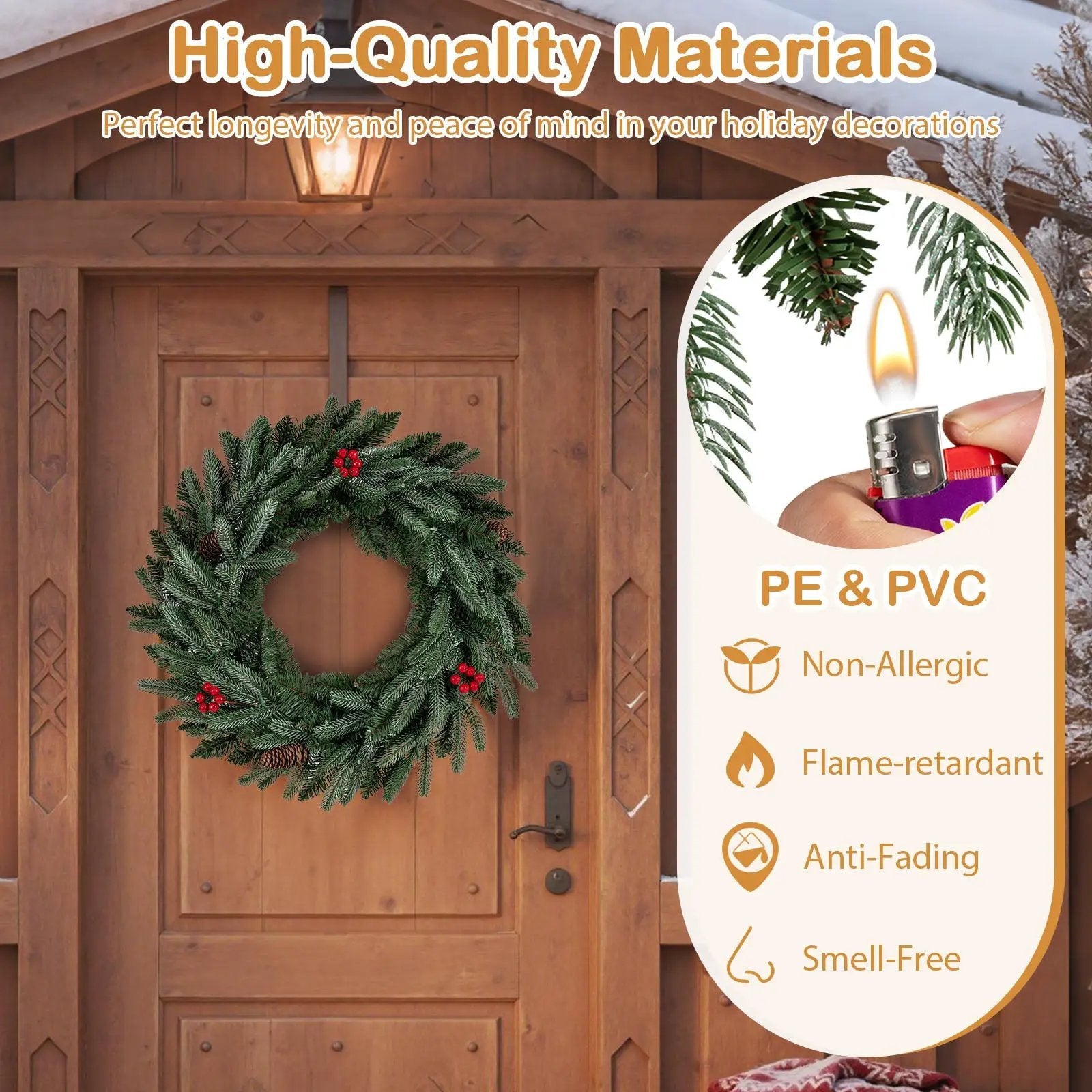 24‚Äù Pre-lit Christmas Wreath Front Door Artificial Xmas Wreath with 90 Frosted Branch Tips by DirectDeals