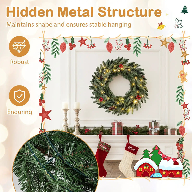 24‚Äù Pre-lit Christmas Wreath Front Door Artificial Xmas Wreath with 90 Frosted Branch Tips by DirectDeals