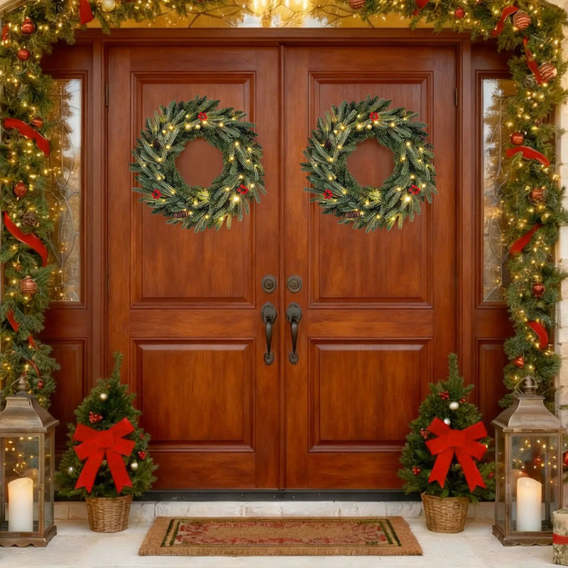 24‚Äù Pre-lit Christmas Wreath Set of 2 Front Door Artificial Xmas Wreath with 90 Frosted Branch Tips by DirectDeals