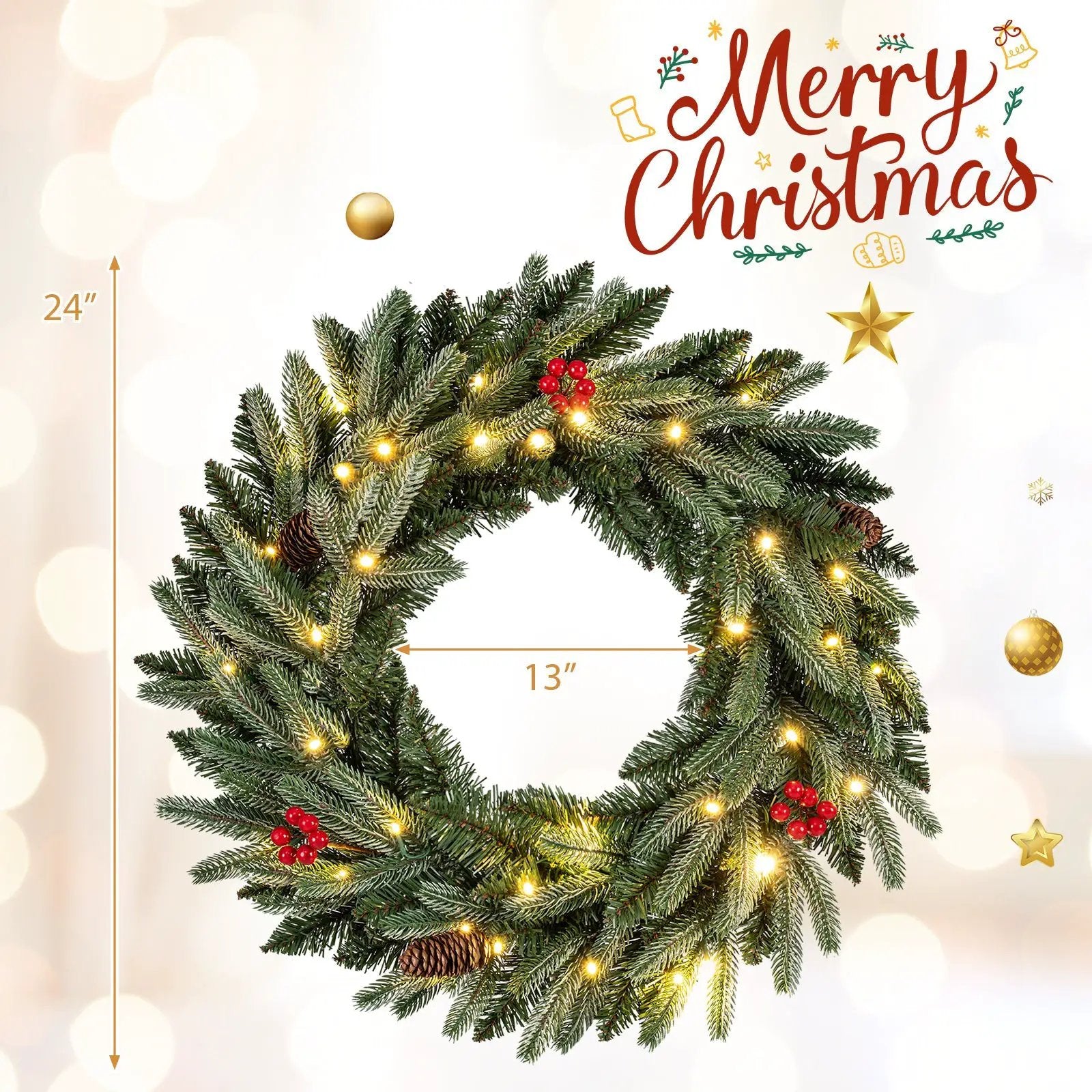 24‚Äù Pre-lit Christmas Wreath Set of 2 Front Door Artificial Xmas Wreath with 90 Frosted Branch Tips by DirectDeals