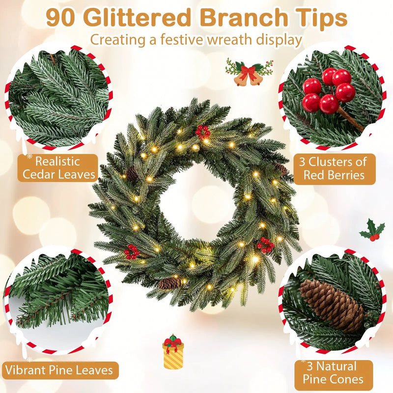 24‚Äù Pre-lit Christmas Wreath Set of 2 Front Door Artificial Xmas Wreath with 90 Frosted Branch Tips by DirectDeals