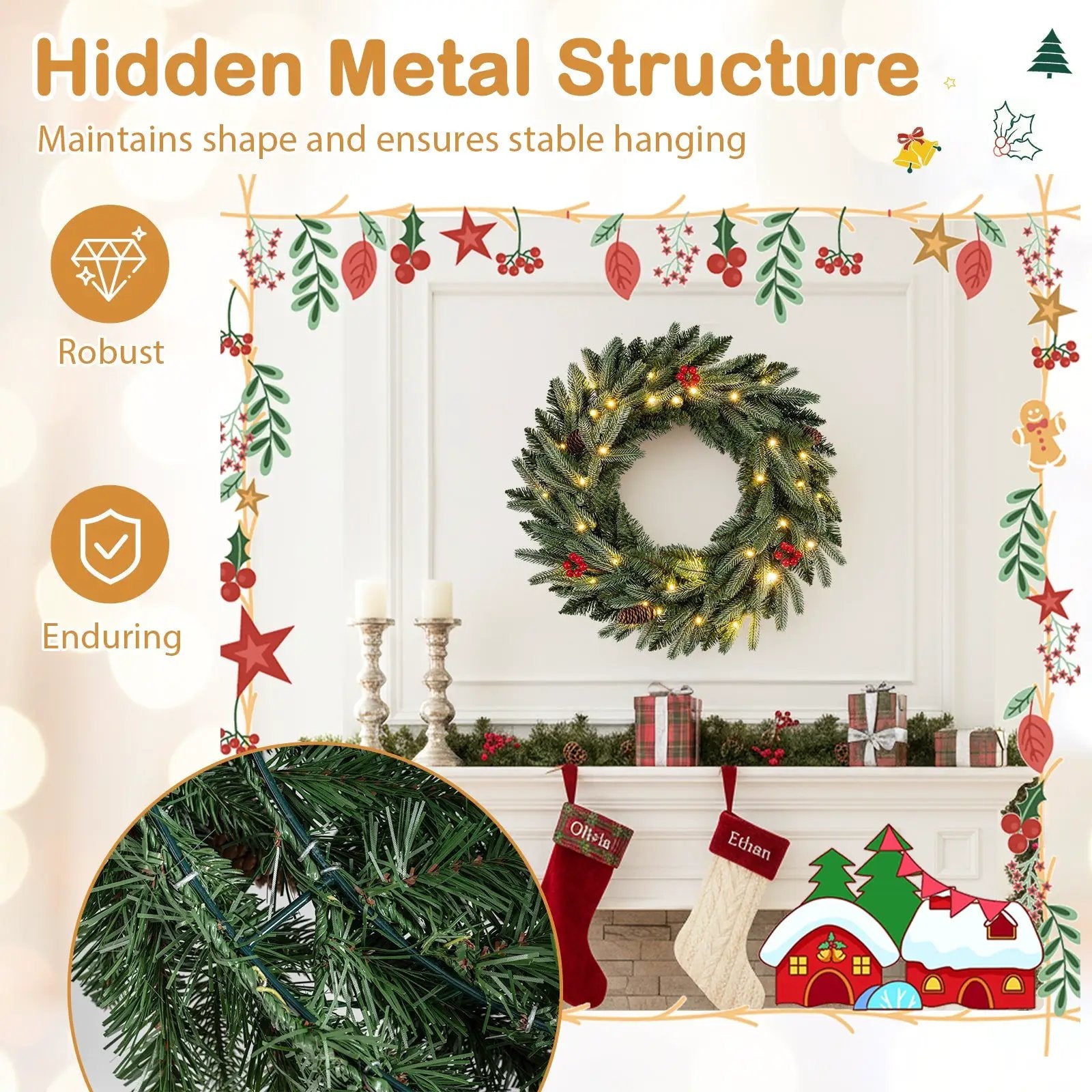 24‚Äù Pre-lit Christmas Wreath Set of 2 Front Door Artificial Xmas Wreath with 90 Frosted Branch Tips by DirectDeals