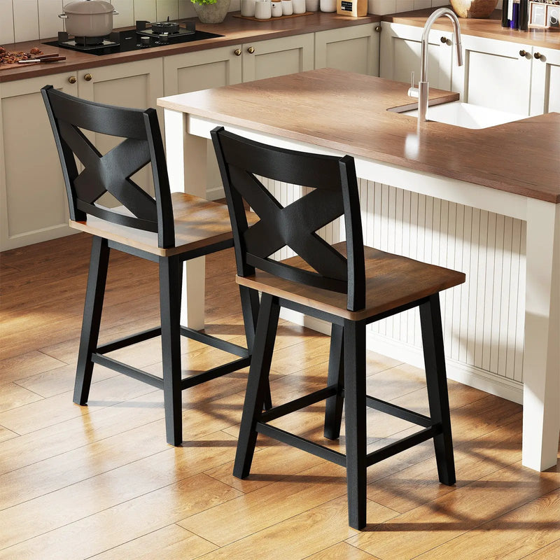 24" Rubberwood Swivel Barstools Set of 2 with Backrest and Large Seat by DirectDeals