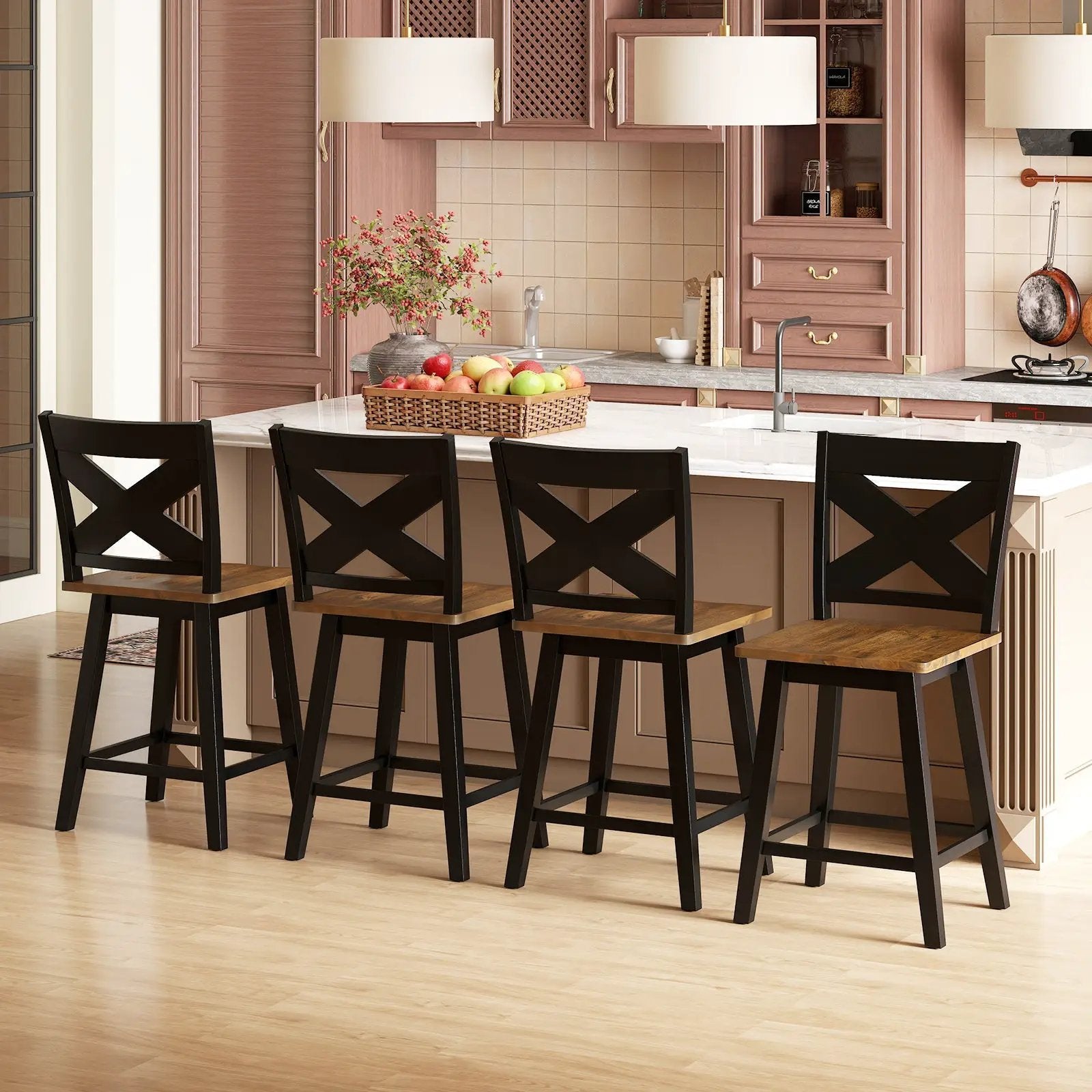 24" Rubberwood Swivel Barstools Set of 2 with Backrest and Large Seat by DirectDeals