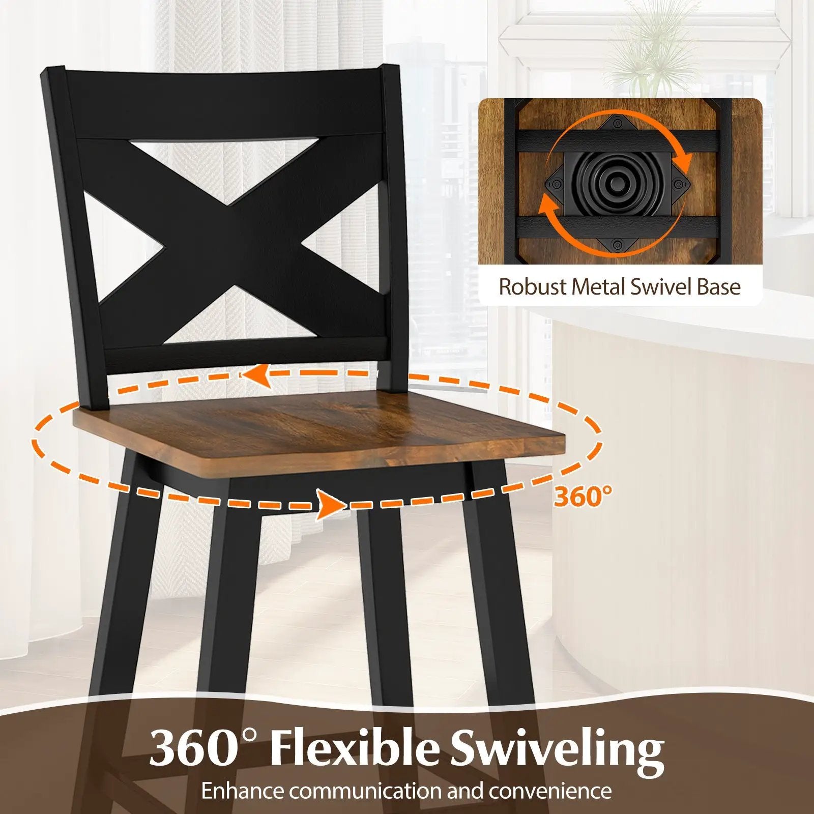 24" Rubberwood Swivel Barstools Set of 2 with Backrest and Large Seat by DirectDeals