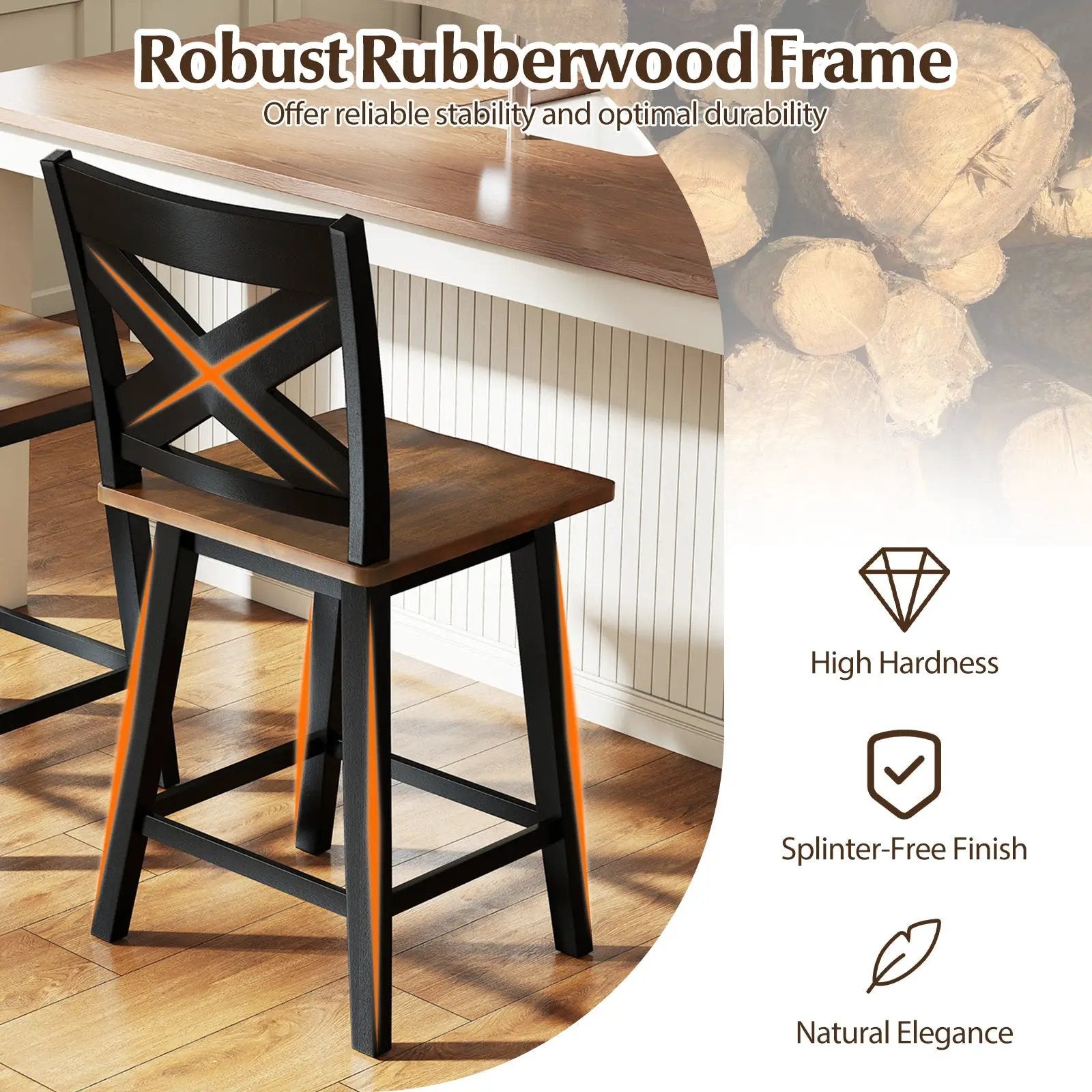 24" Rubberwood Swivel Barstools Set of 2 with Backrest and Large Seat by DirectDeals