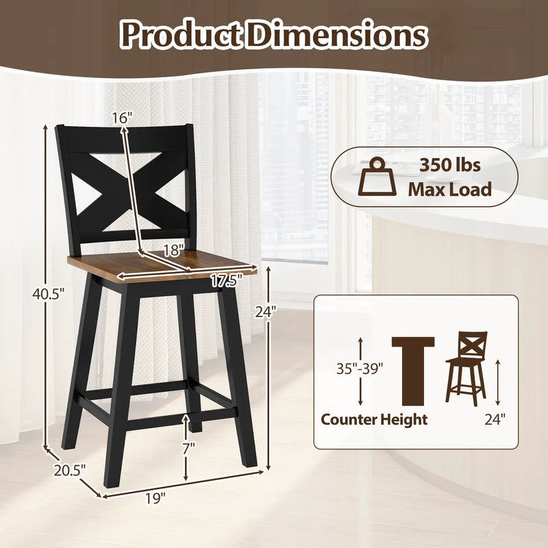24" Rubberwood Swivel Barstools Set of 2 with Backrest and Large Seat by DirectDeals