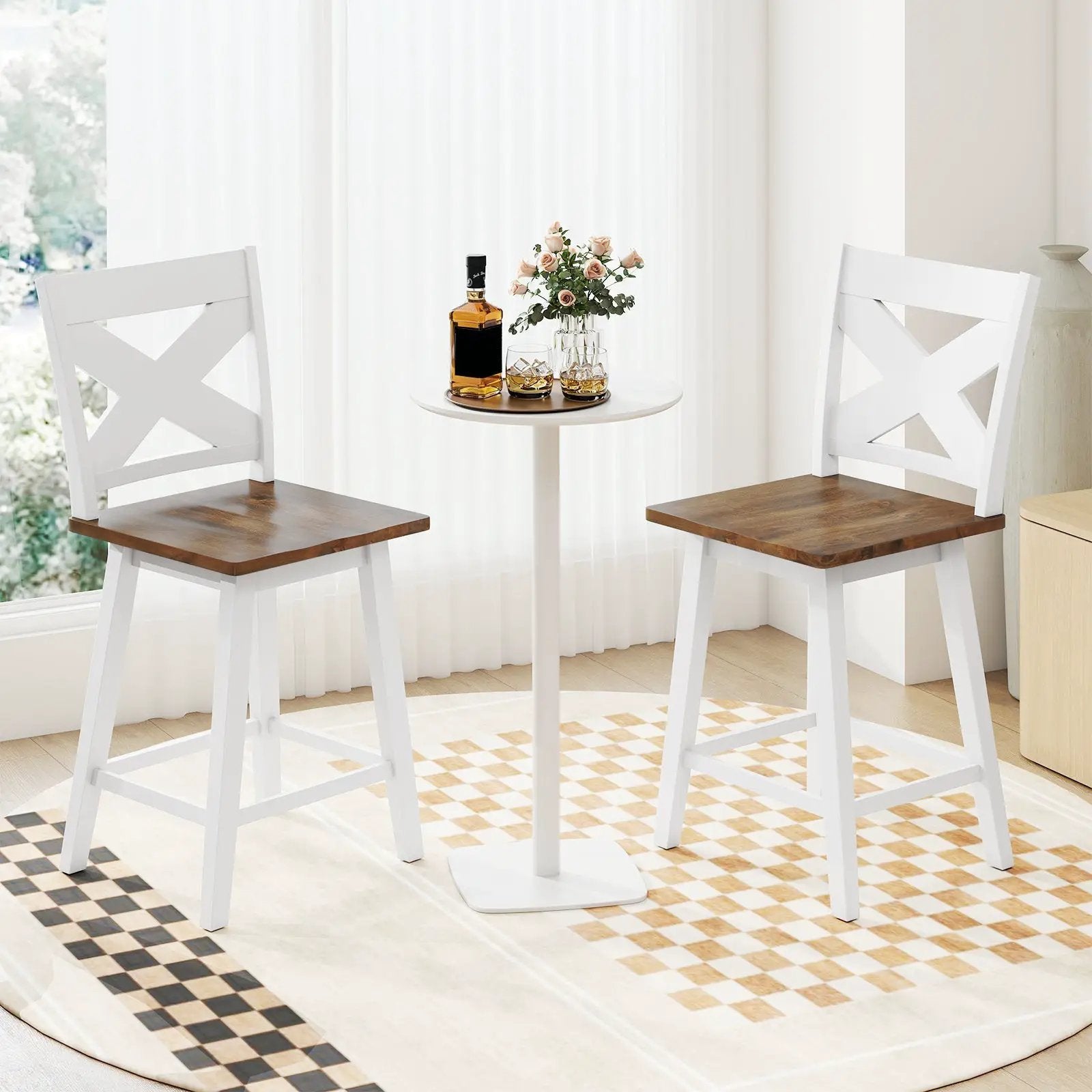 24" Rubberwood Swivel Barstools Set of 2 with Backrest and Large Seat by DirectDeals