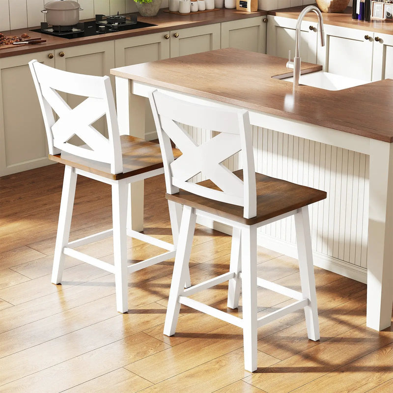 24" Rubberwood Swivel Barstools Set of 2 with Backrest and Large Seat by DirectDeals