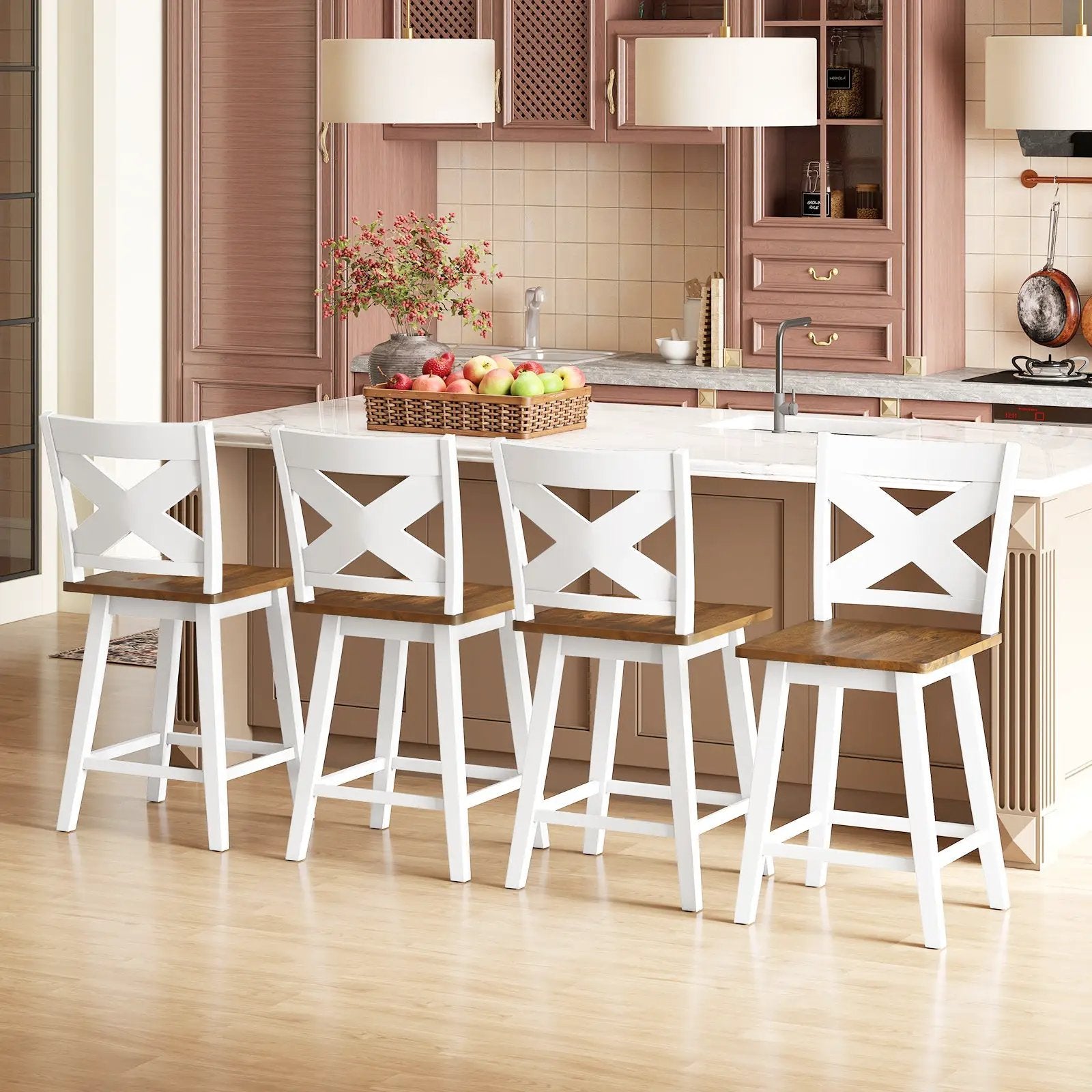 24" Rubberwood Swivel Barstools Set of 2 with Backrest and Large Seat by DirectDeals