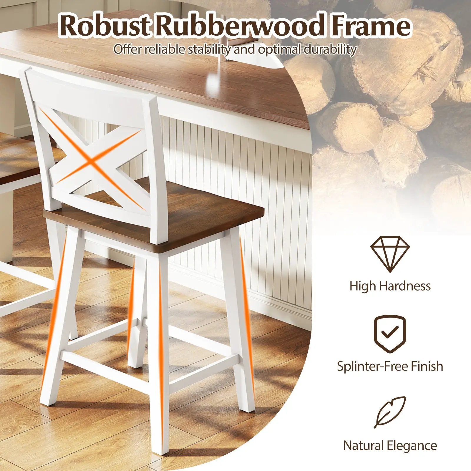 24" Rubberwood Swivel Barstools Set of 2 with Backrest and Large Seat by DirectDeals