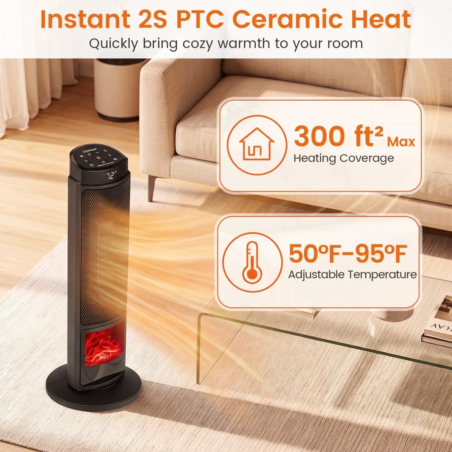 24-Inch PTC Ceramic Tower Space Heater with 7-Color Flame by DirectDeals
