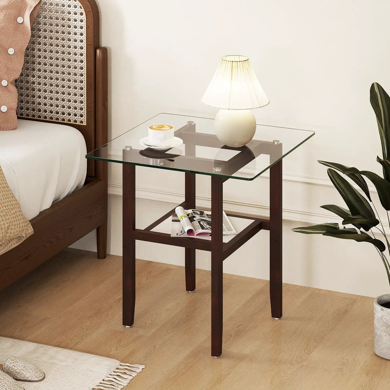24 Inch 2-Tier Square Glass Coffee Table Center Table with Storage Shelf-Brown by DirectDeals